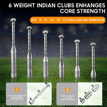 Adjustable Macebell Clubbell - 6-In-1 Premium Steel Indian Club for Full Body, Shoulder, and Forearm Strength Training - Ideal for Fitness, Mma, and Rehabilitation - Includes Forearm Strengthener, Grip Strength Tester, and Adjustable Weights (6.5-17.5Lbs)